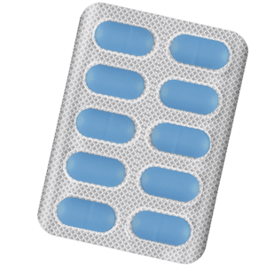 Silver blister pack containing 10 blue capsules