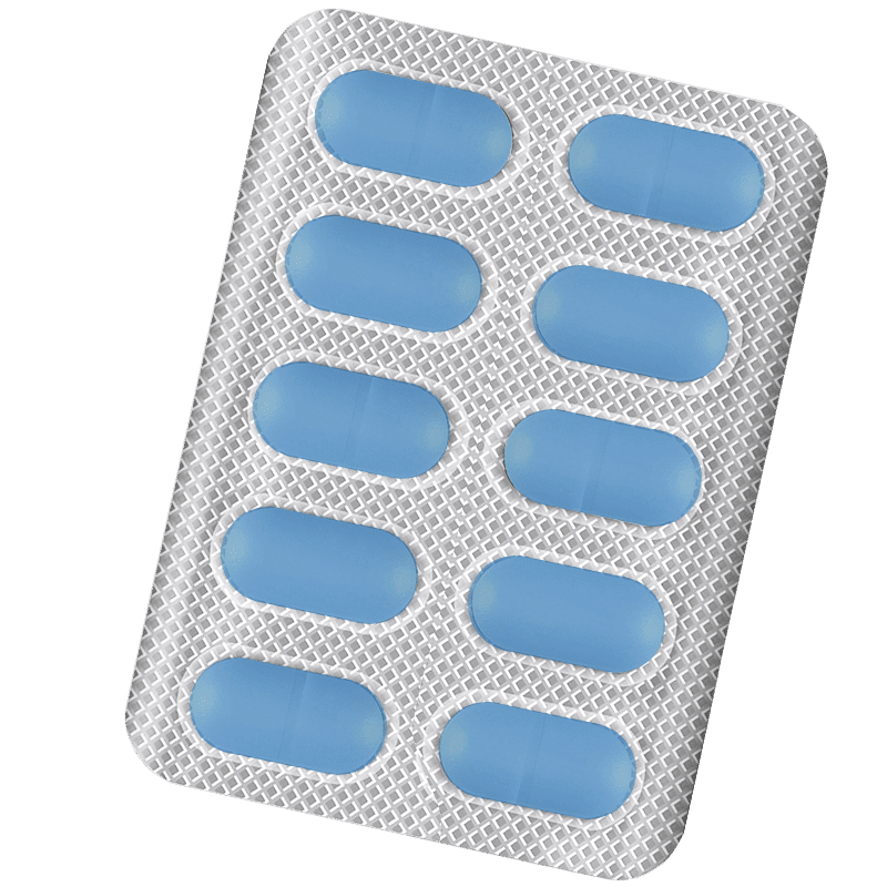 Silver blister pack containing 10 blue capsules