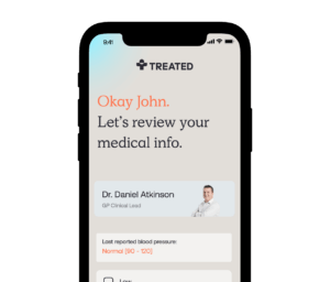 Phone screen with prescriber message saying let's review your medical info