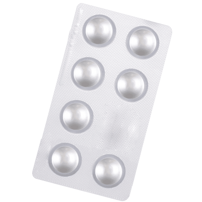 7 round tablets in a silver blister