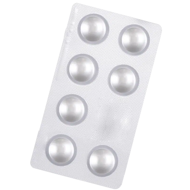 7 round tablets in a silver blister