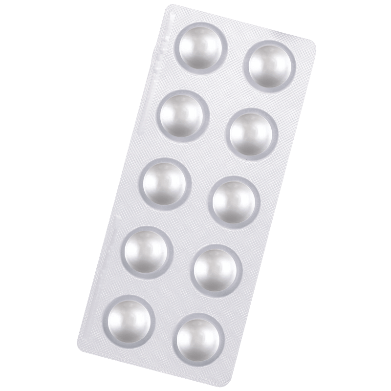 Silver blister pack containing 10 round tablets