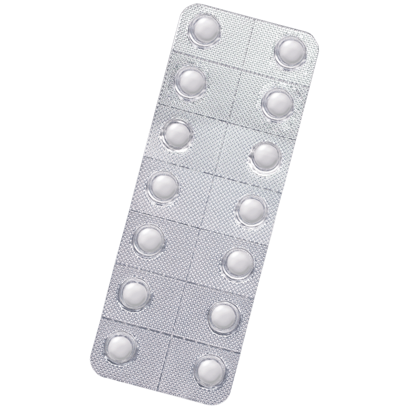 Silver blister pack containing 14 small round white tablets