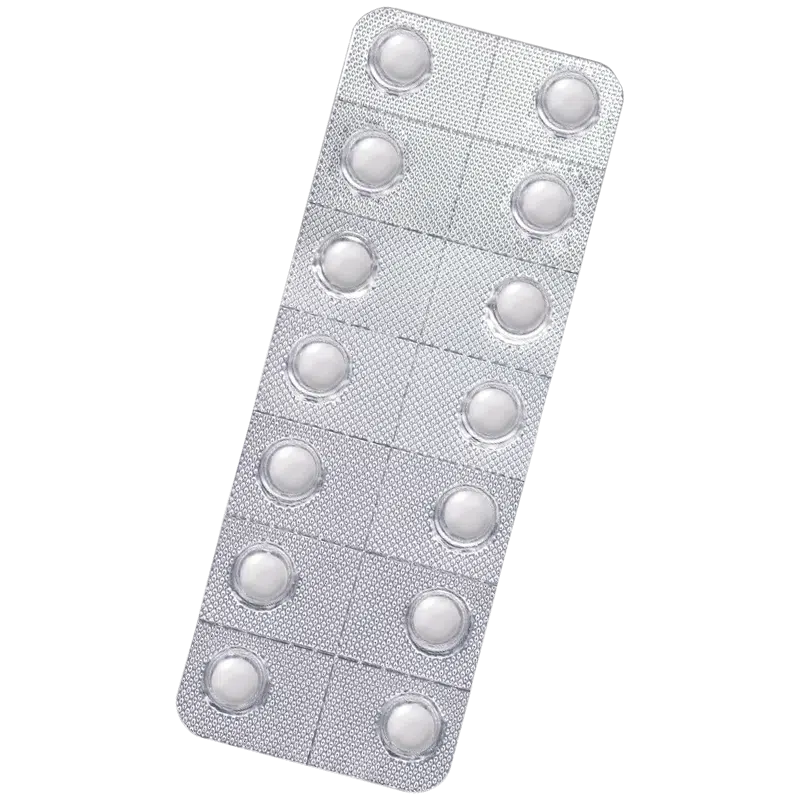 Silver blister pack containing 14 small round white tablets