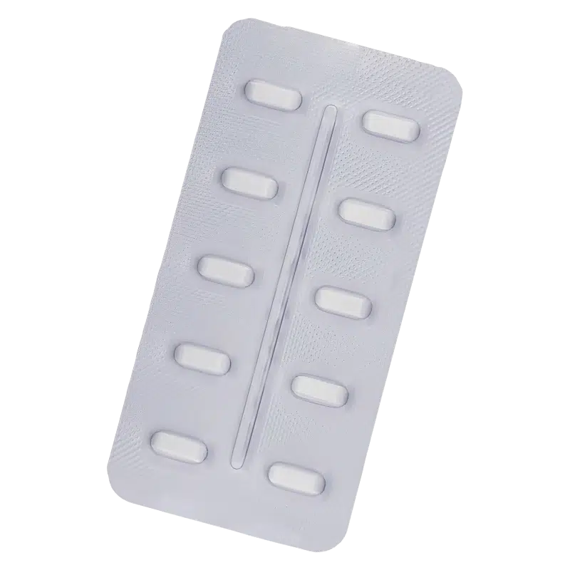 Silver blister pack containing 10 small long tablets