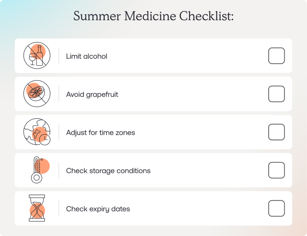 An infographic titled "Summer Medicine Checklist:" listing five steps for medication safety during summer with line icons and empty checkboxes.