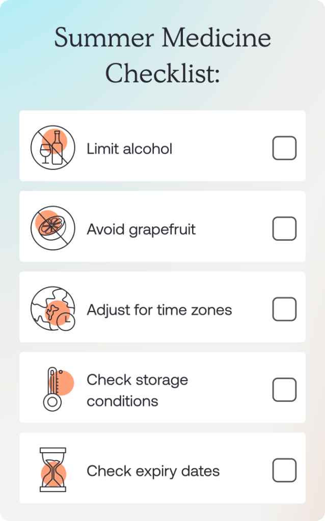 An infographic titled "Summer Medicine Checklist:" listing five steps for medication safety during summer with line icons and empty checkboxes.