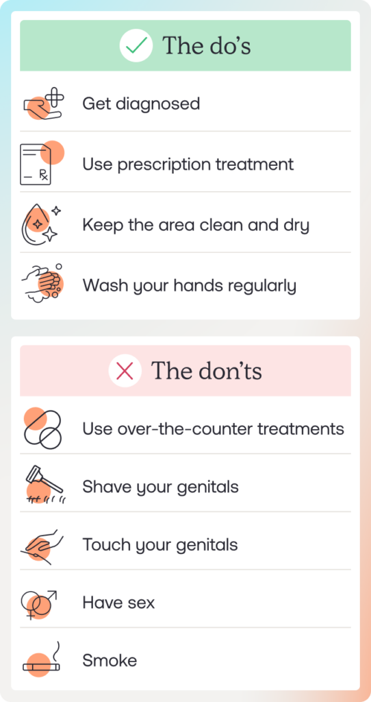 A table telling you what to do and avoid if you have genital warts. The do's: Get diagnosed, Use prescription treatment, Keep the area clean and dry, Wash your hands regularly Don't: Use over the counter treatments, Shave your genitals, Touch your genitals, Have sex, Smoke